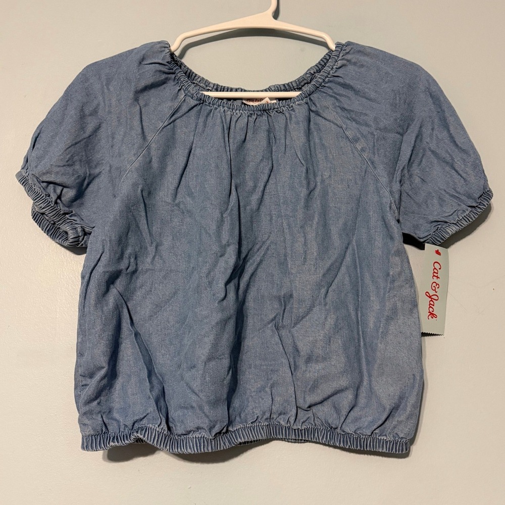 Cat & Jack Girl's Large 10/12 Blue Chambray Puff Sleeve Blouse Top 2357
